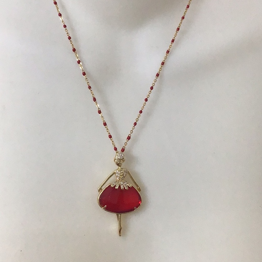 Ballerina w/ Red Skirt & Gold Top Metal Pendant on Gold & Red Stainless Chain.